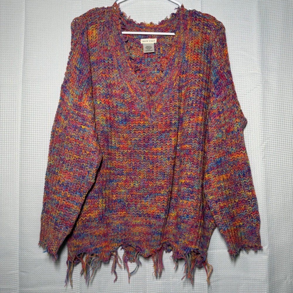 Main Strip‎ V-Neck Sweater Large Multicolor Distressed Fringed Hem